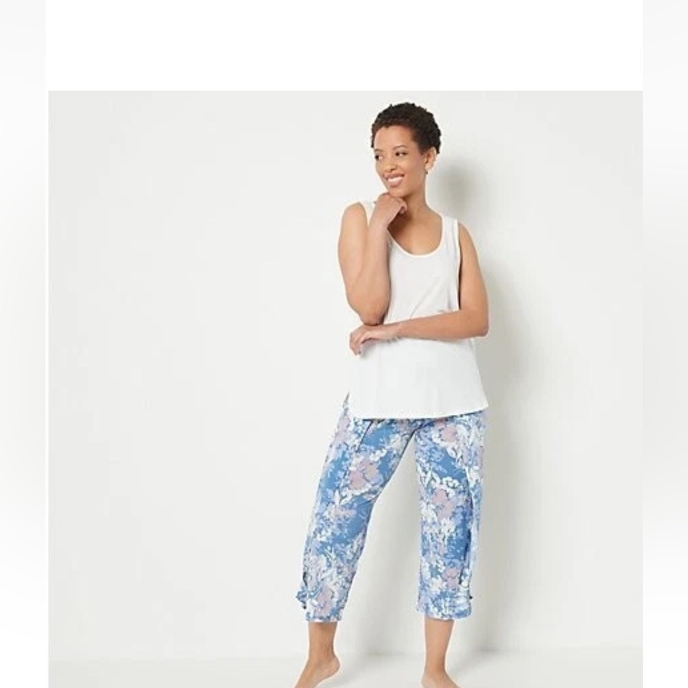 Breezies Women Knit Solid Top Printed Crop Pants Sleep Set Blue sz Medium